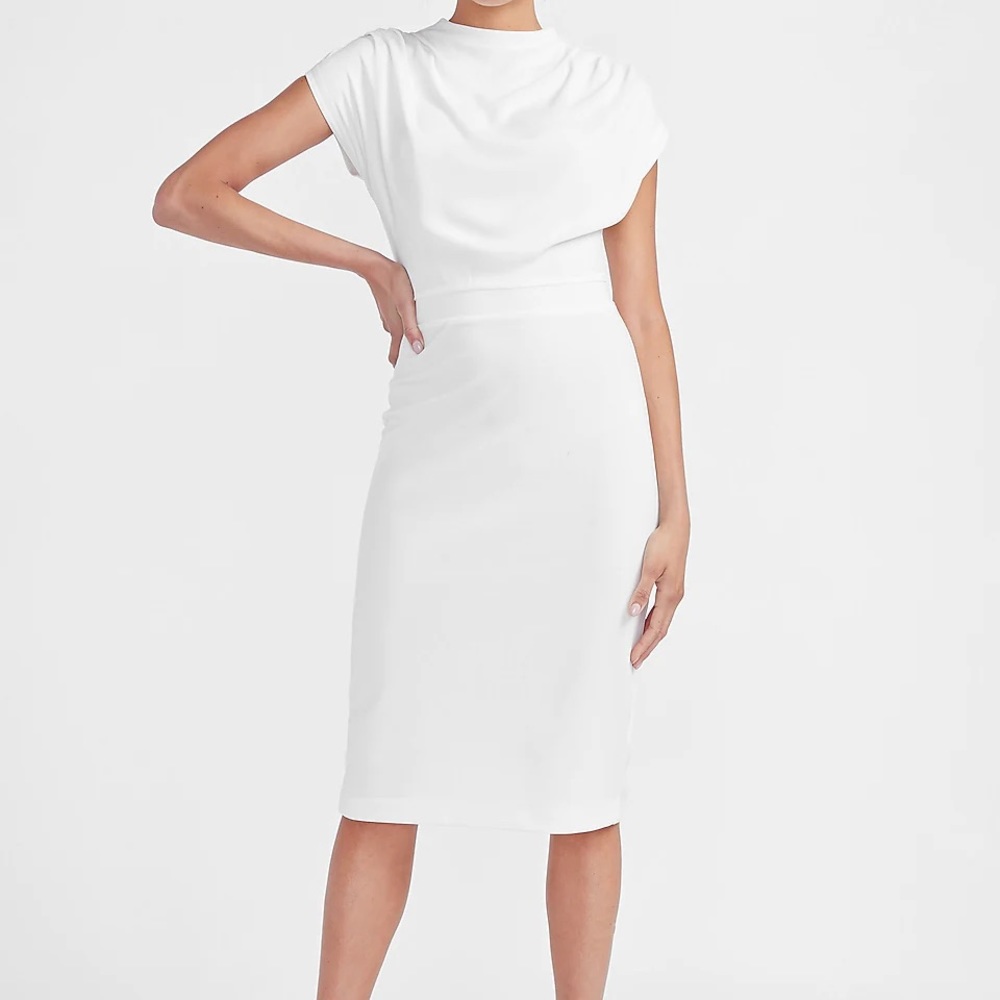 Express Draped Mock Neck Midi Sheath Dress